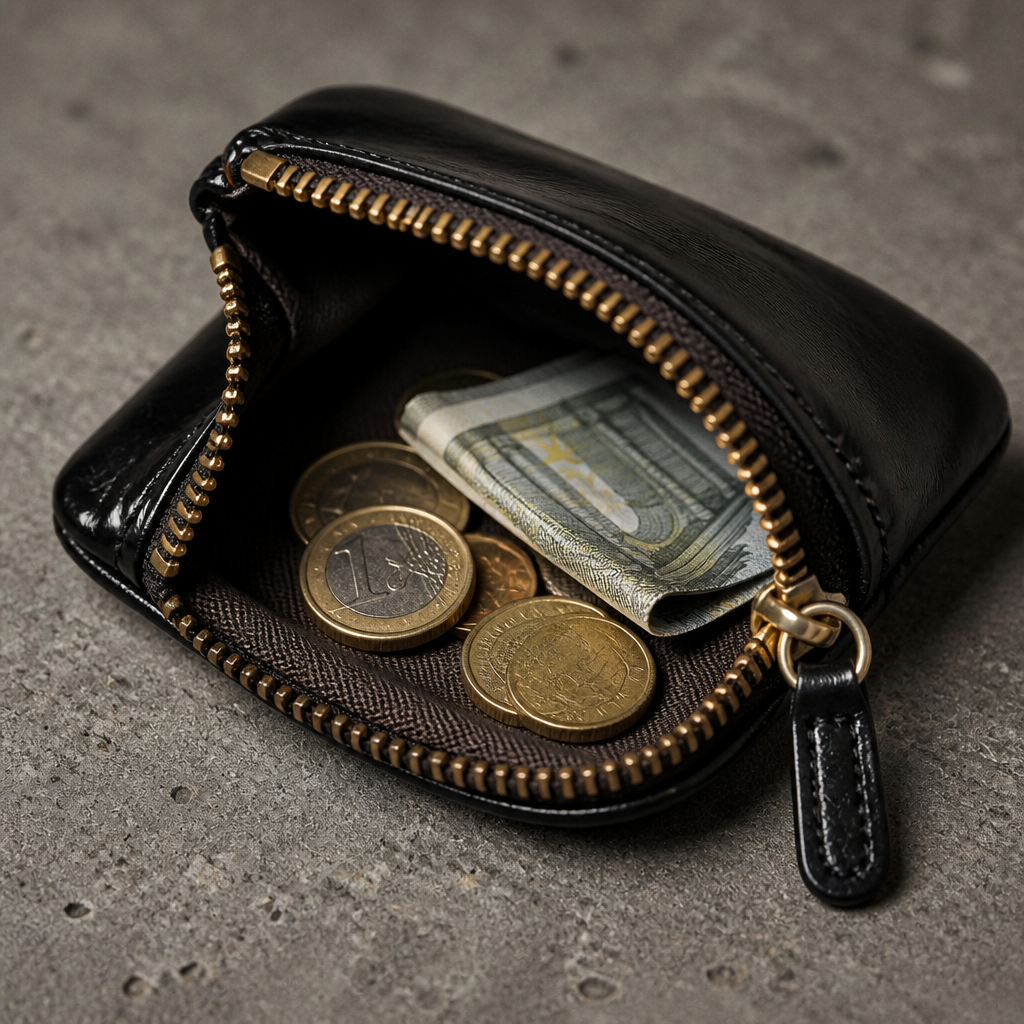 Intérieur de la pochette porte-monnaie noire avec pièces en euros (visuel illustratif)