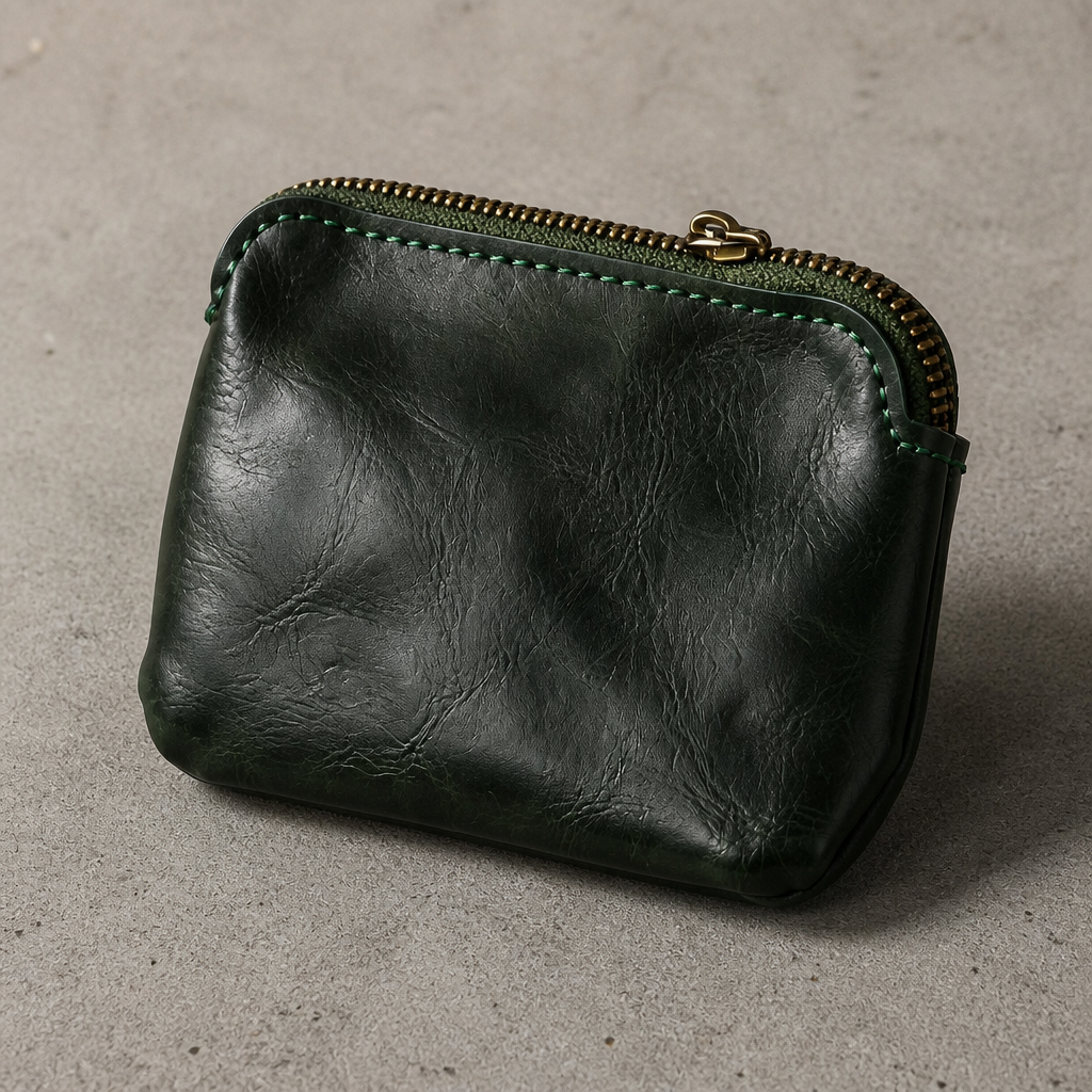 Pochette porte-monnaie homme en similicuir aspect cuir vert, format compact, vue de face