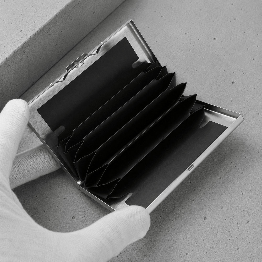 Intérieur du porte-cartes acier : soufflet à compartiments pour les cartes