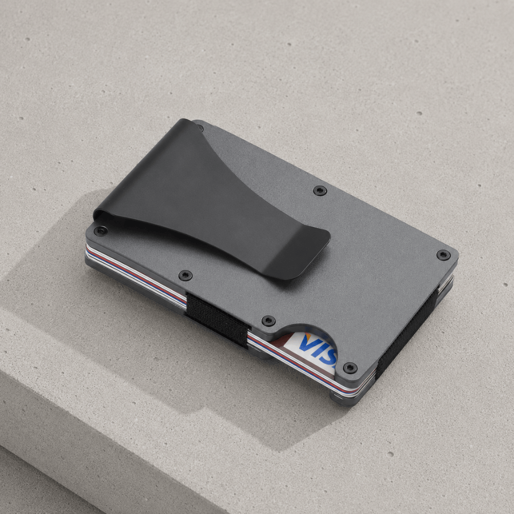 porte-cartes homme aluminium gris à pince à billets protection RFID