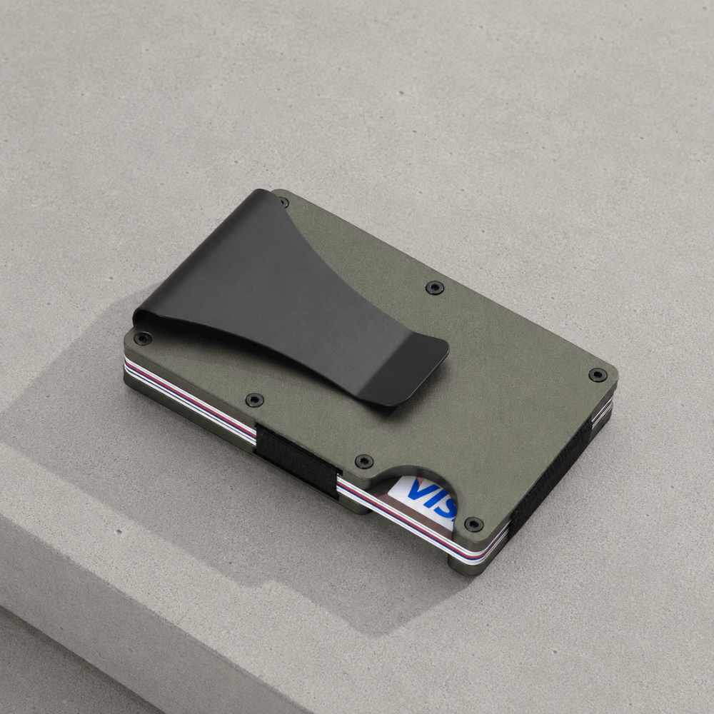 porte-cartes homme aluminium kaki à pince à billets RFID