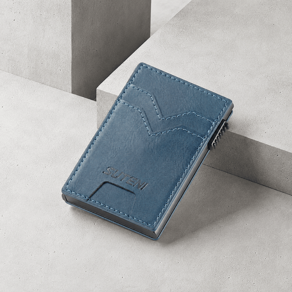 Porte-cartes homme coulissant bleu pop-up compact 