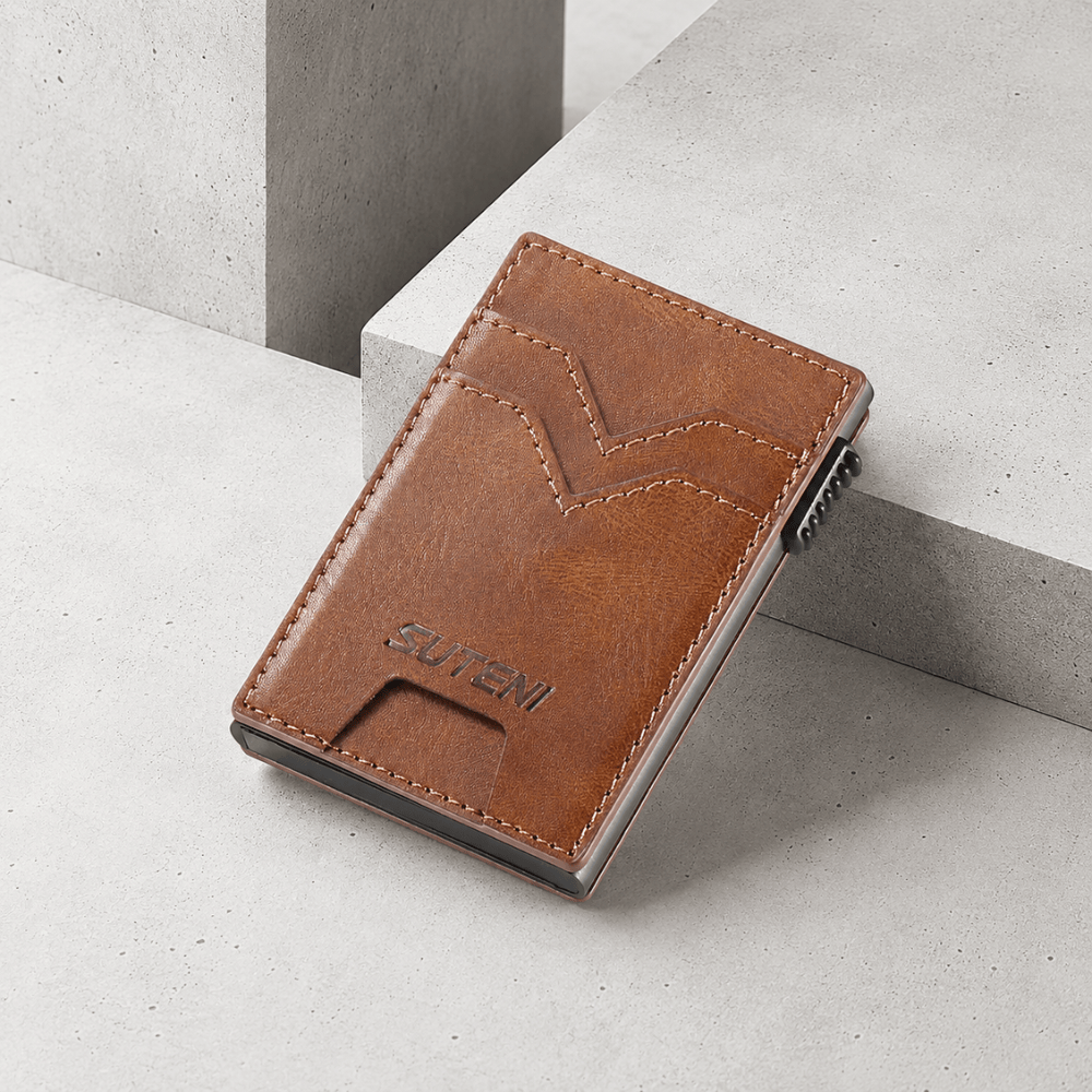 Porte-cartes homme coulissant marron pop-up slim
