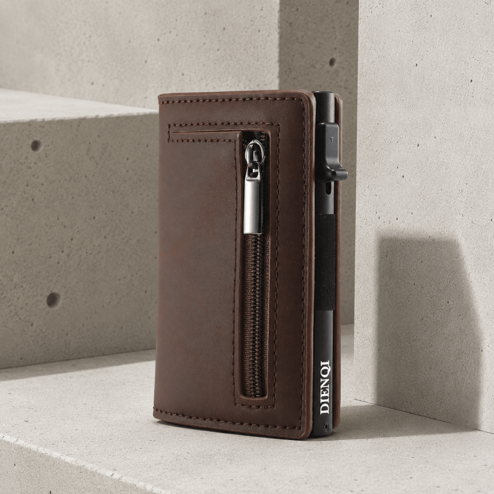 Porte-cartes homme cuir aluminium marron zippé