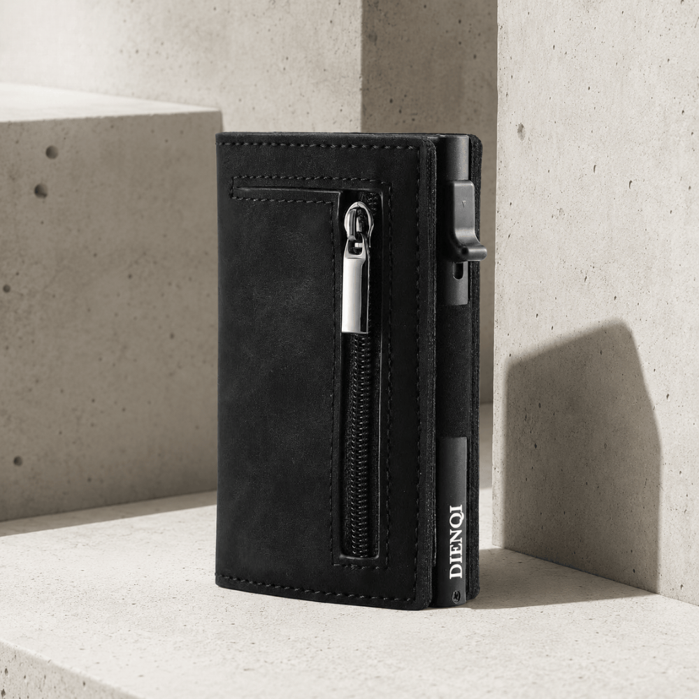 Porte-cartes homme cuir et aluminium RFID noir poche zippée