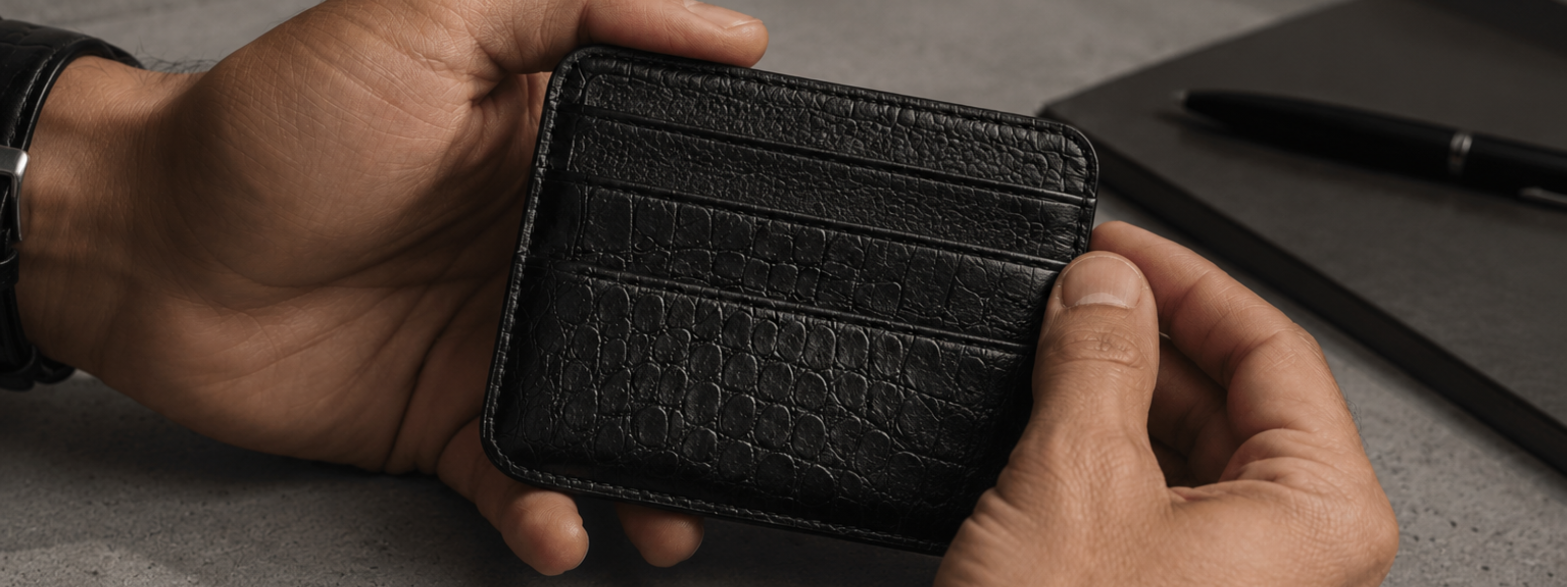 Porte-cartes homme cuir noir grain crocodile, format slim premium