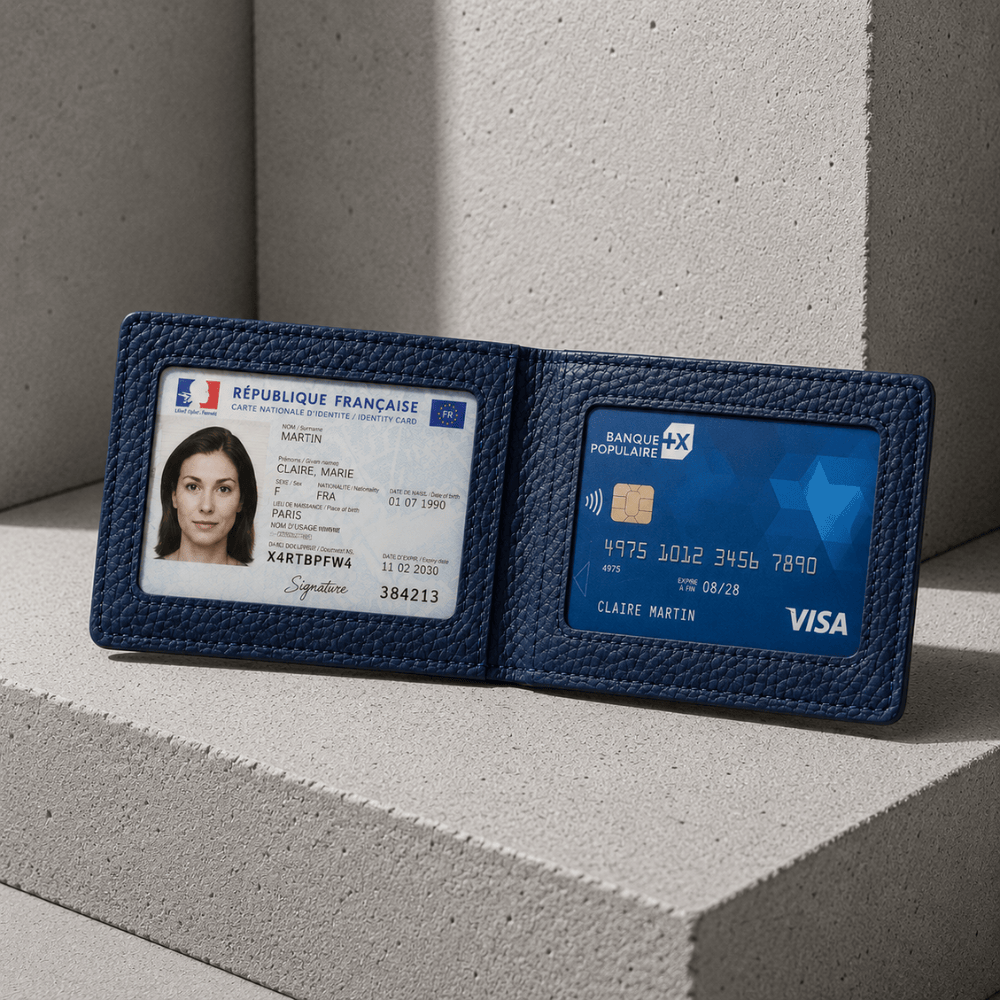 Porte-cartes homme cuir fenetre transparente bleu