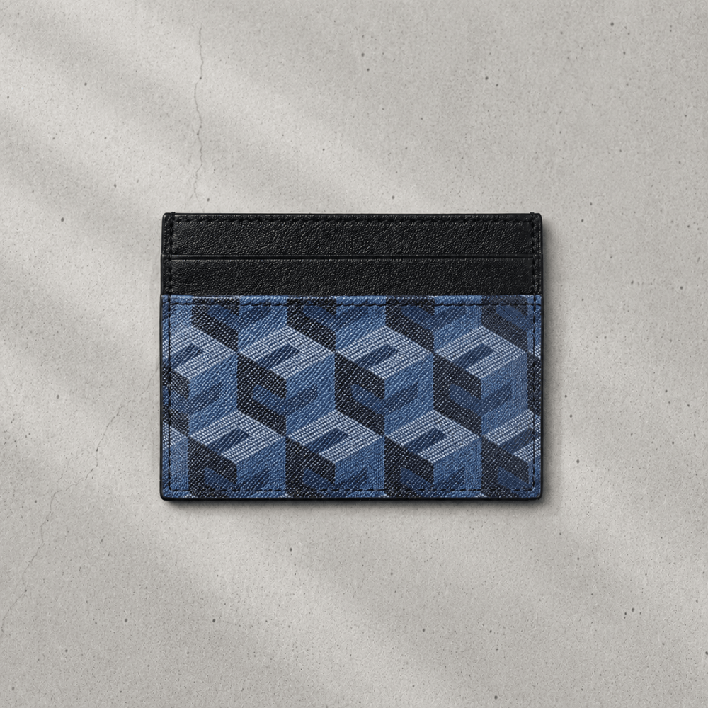 Porte-cartes homme en cuir bleu à monogramme cube, format slim