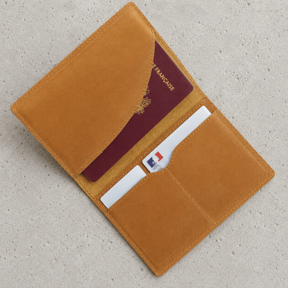 Porte-cartes homme cuir passeport et cartes camel