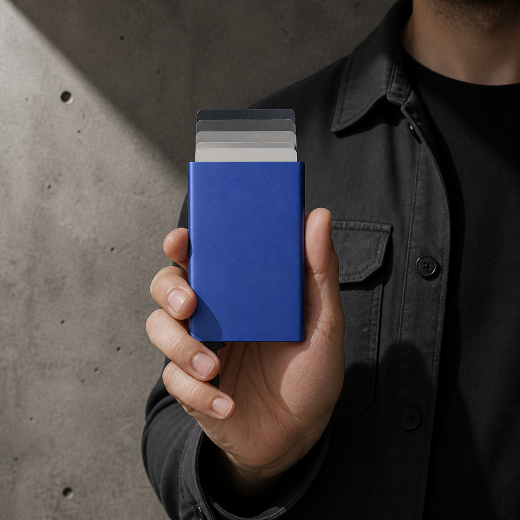 Homme utilisant un porte-cartes métal bleu à éjection