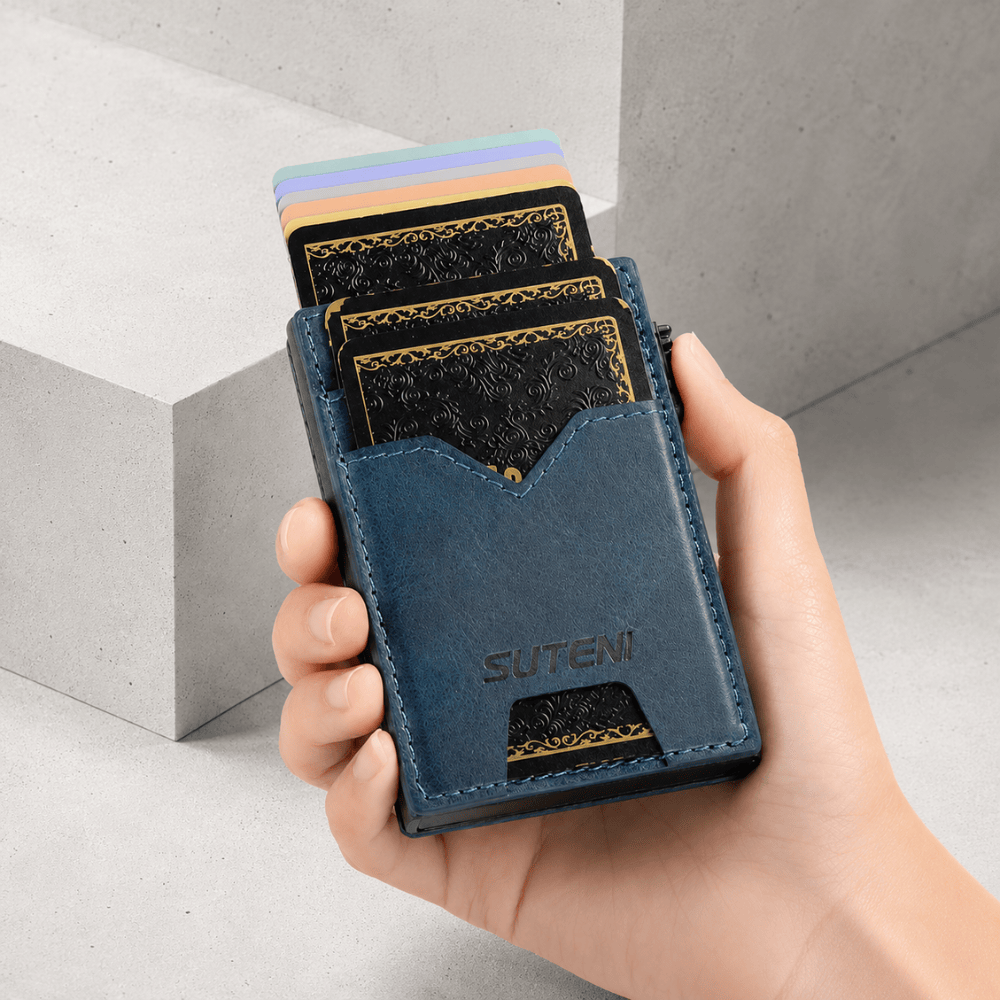 Porte-cartes homme pop-up bleu cartes en cascade 