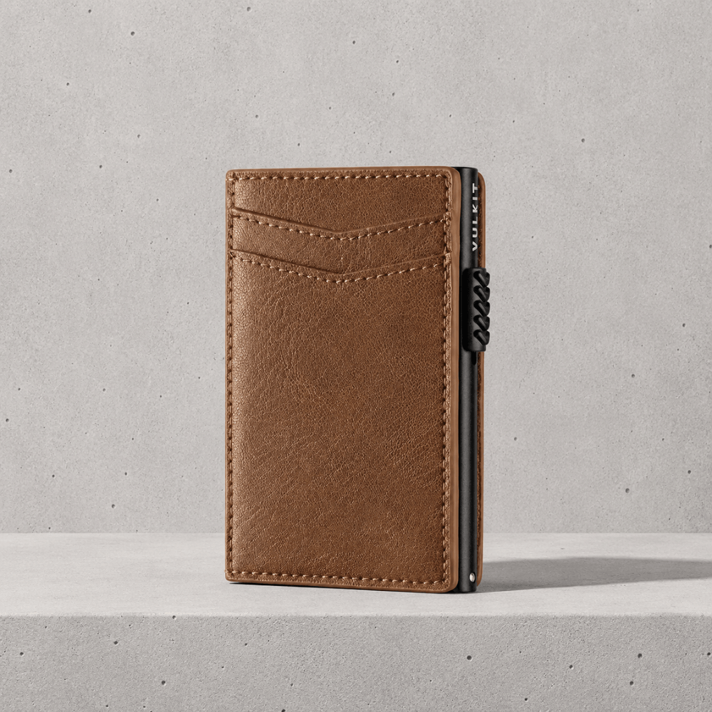 Porte-cartes homme aluminium RFID camel, microfibre aspect cuir 