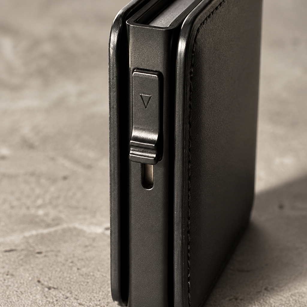 Porte-cartes homme RFID noir poussoir latéral métal