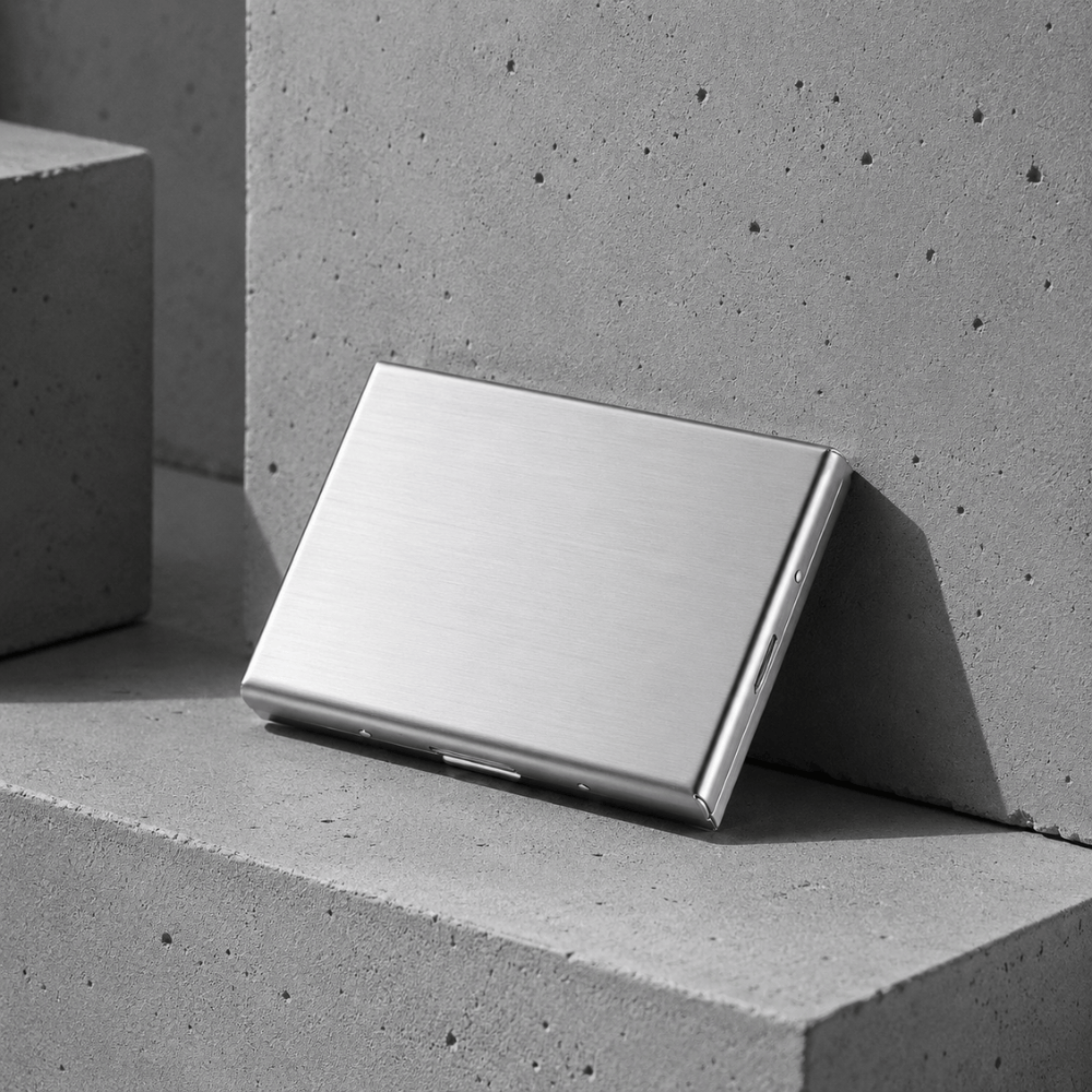 Porte-cartes homme rigide en acier brossé argent, boîtier métal fermé