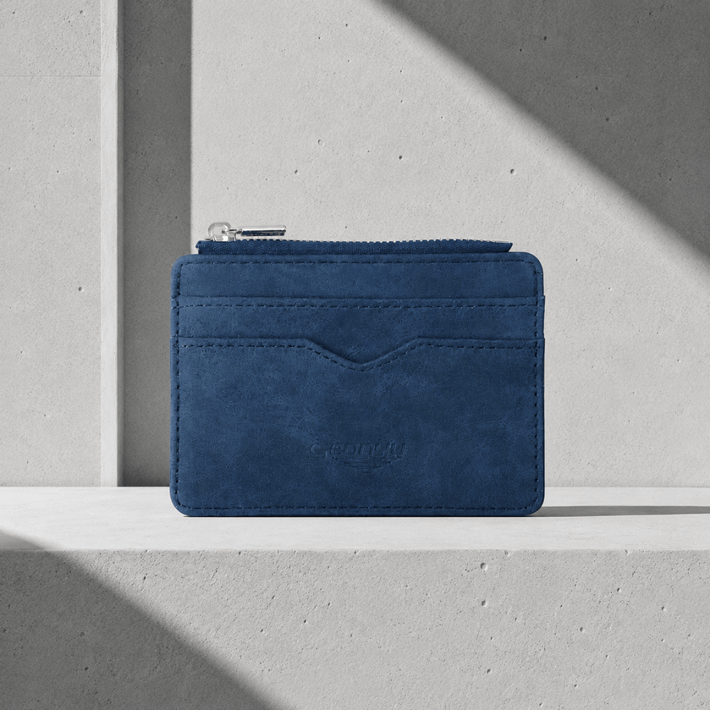 Porte-cartes homme zippé fin bleu marine, similicuir mat 