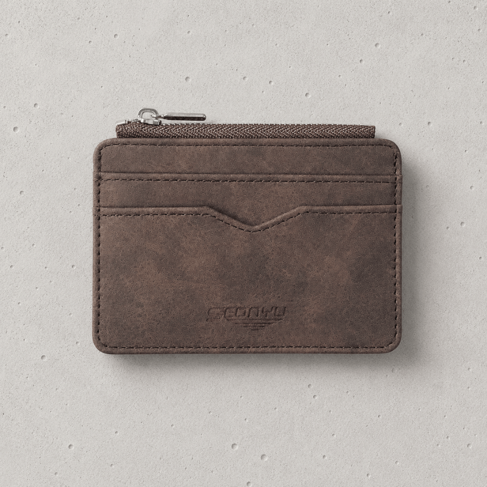 Porte-cartes homme zippé fin marron à fenêtre transparente 