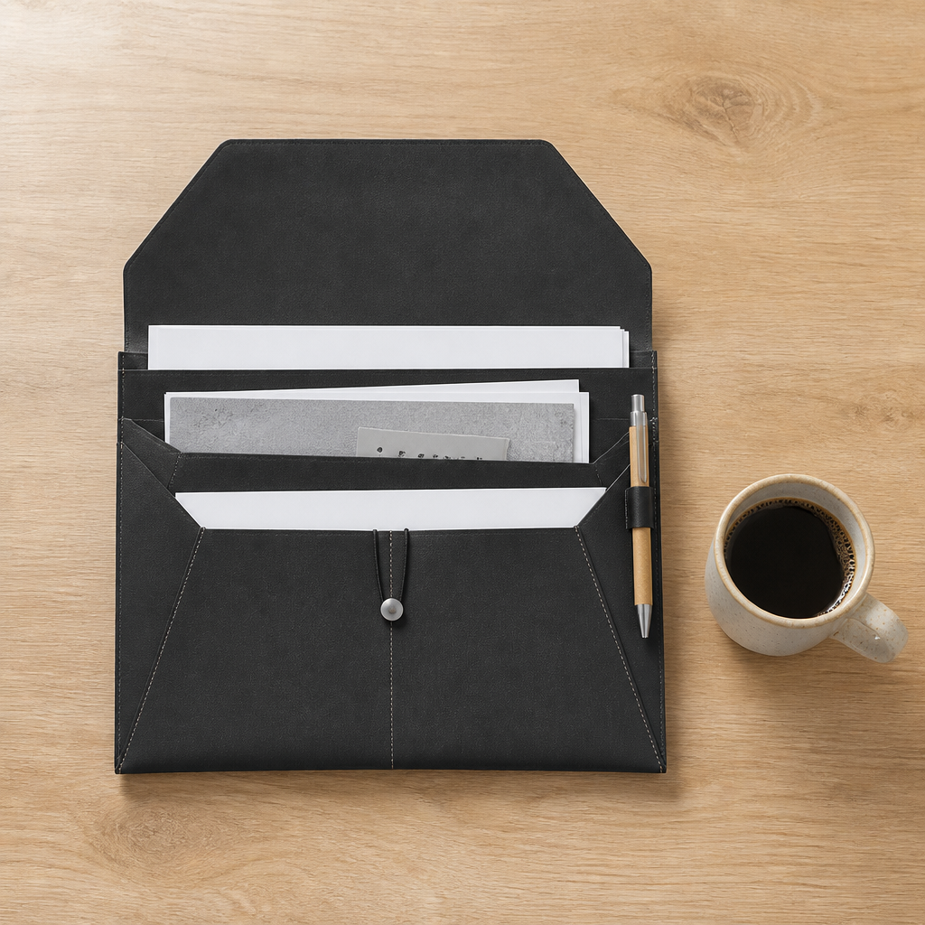 Porte-document A4 noir posé ouvert sur un bureau, trois compartiments (visuel illustratif)