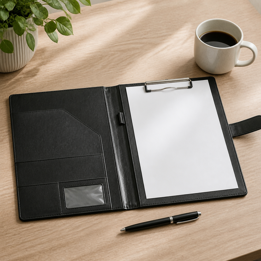 Porte-document A4 conférencier noir posé ouvert sur un bureau, pince métallique et pochette (visuel illustratif)
