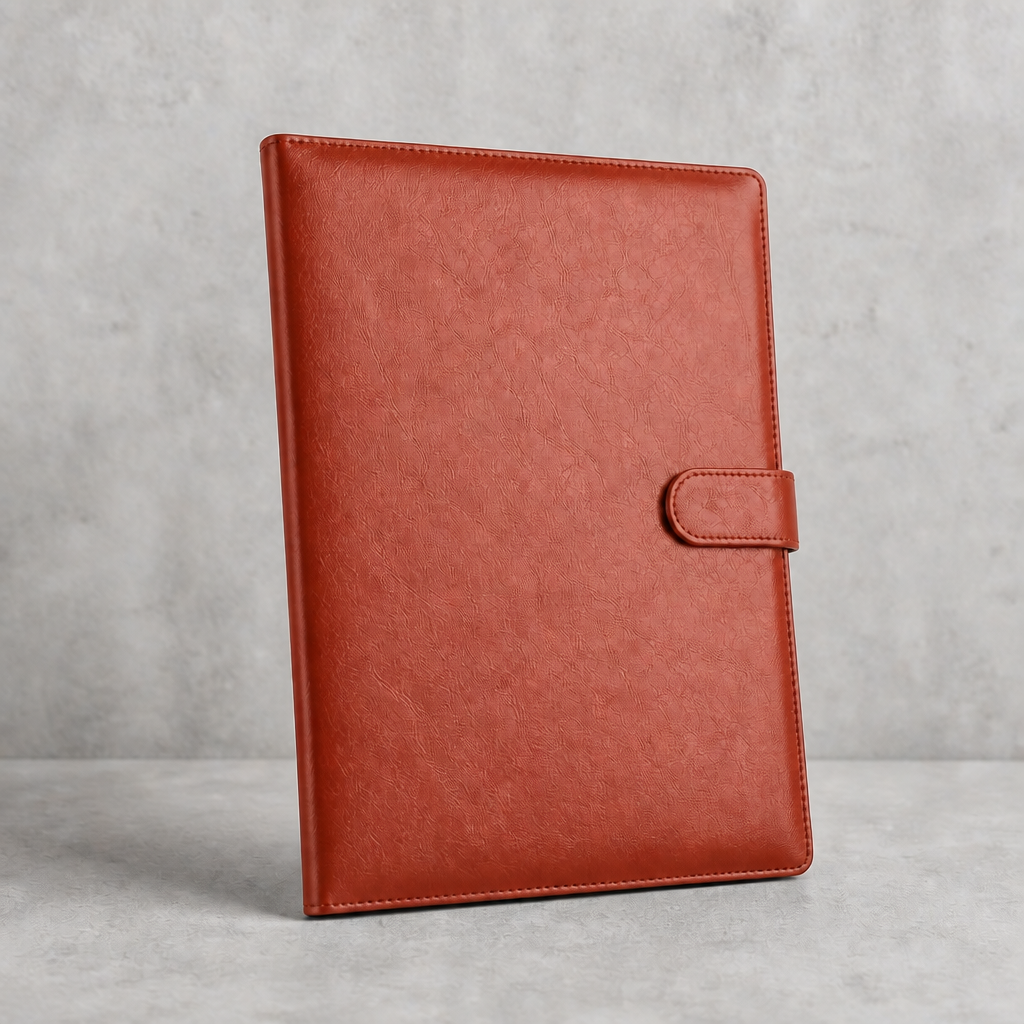 Porte-document A4 conférencier en simili cuir marron, fermé
