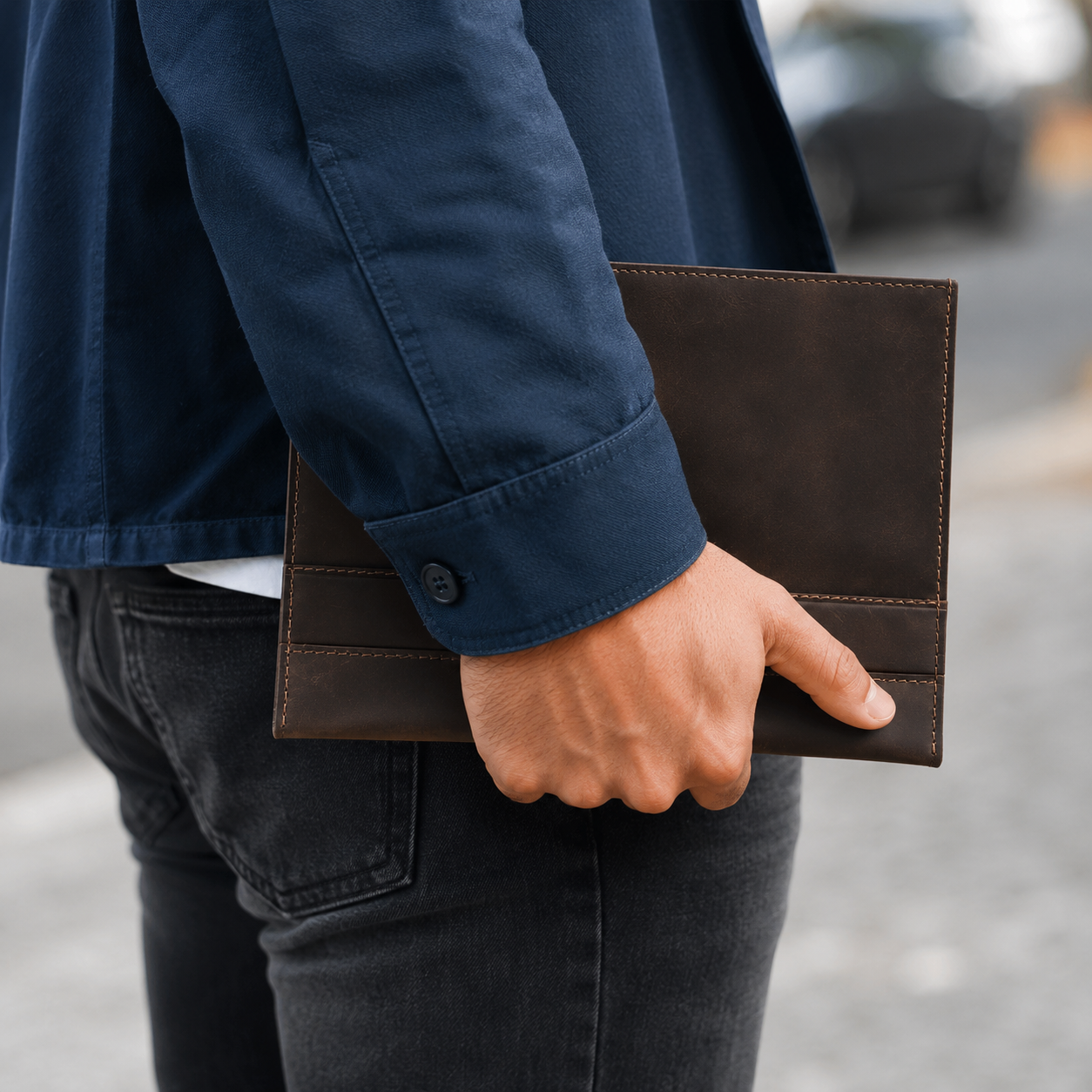 Homme tenant à la main son porte-document A5 en cuir marron dans la rue