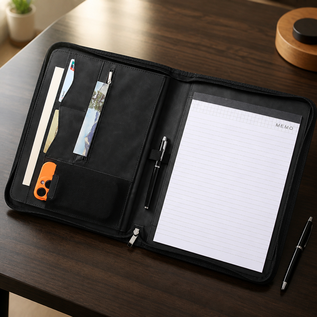 Porte-document bloc-notes A4 ouvert sur un bureau, emplacement bloc-notes et porte-téléphone visibles