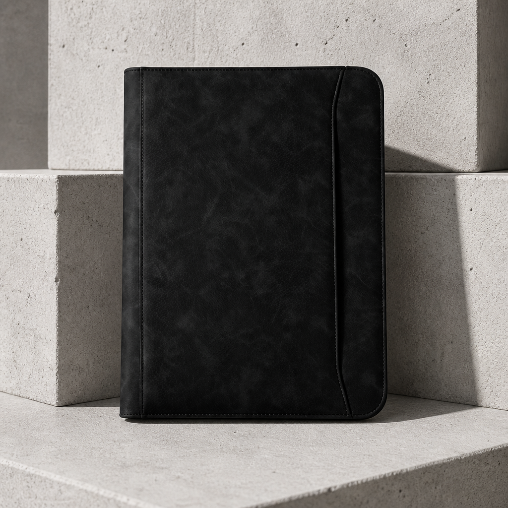 Porte-document bloc-notes A4 en similicuir noir, fermé, vue packshot