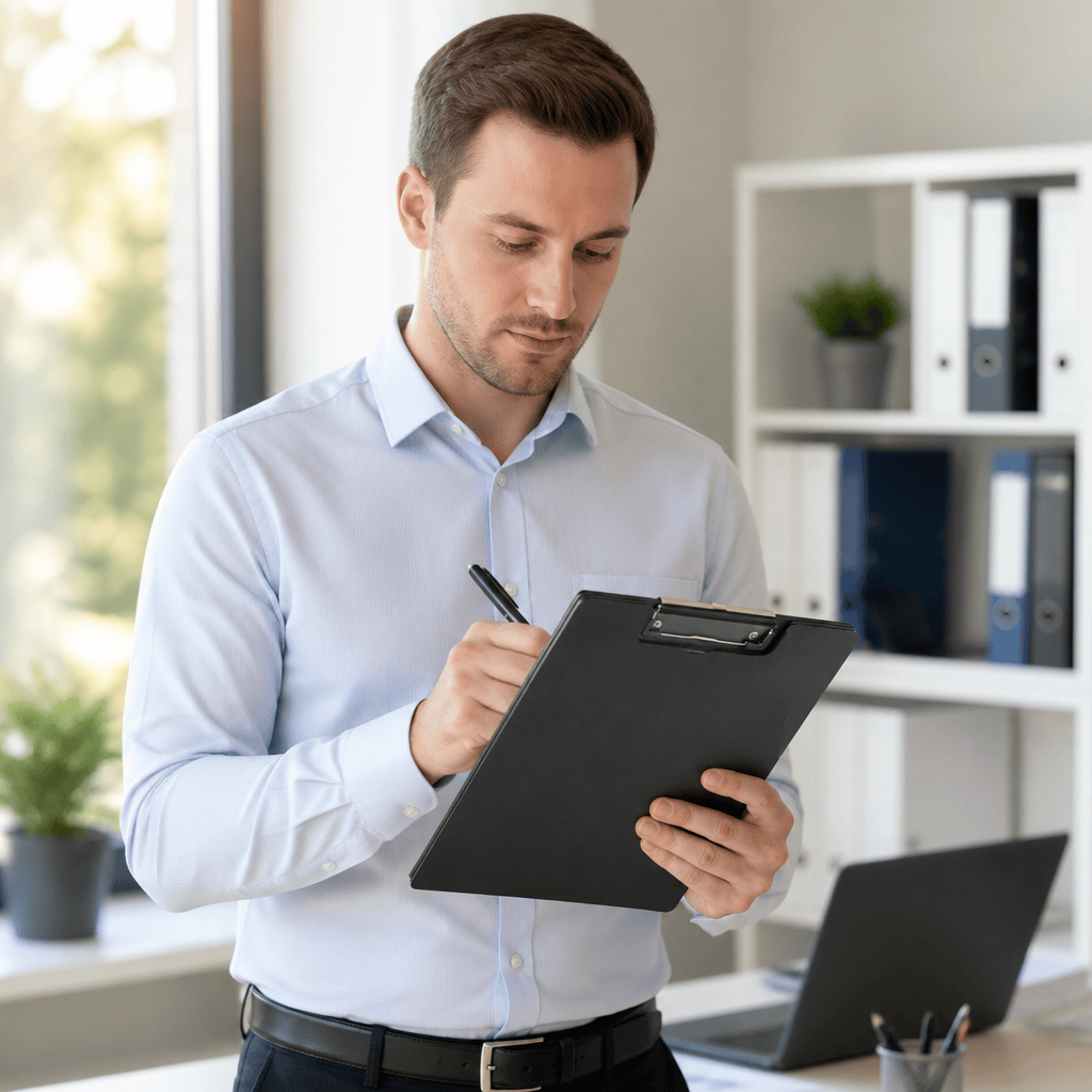 Homme utilisant un porte-document de bureau A4 rigide pour prendre des notes