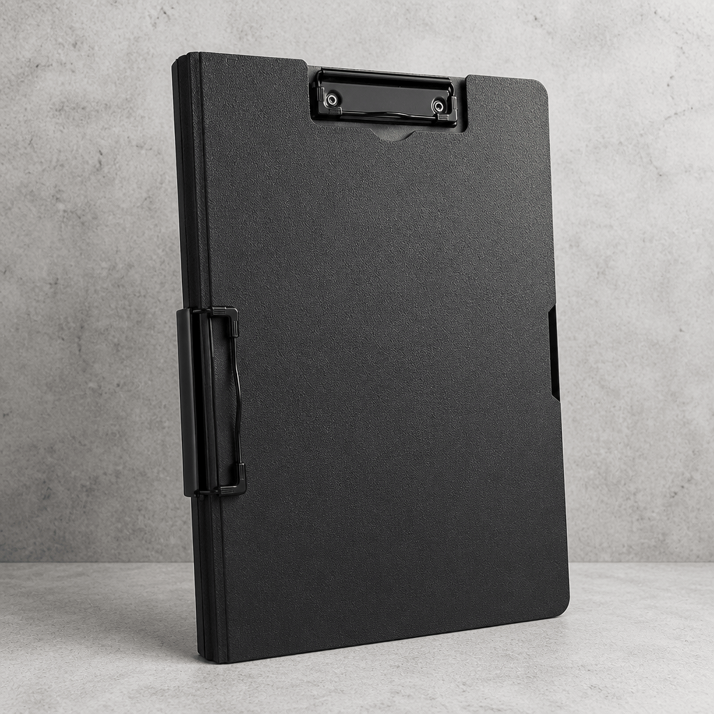 Porte-document de bureau A4 rigide noir en plastique avec pince stylo