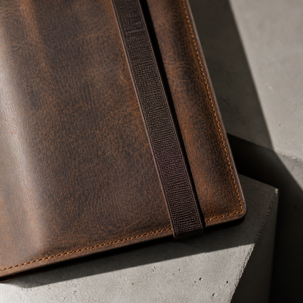 Grain du cuir de vachette véritable marron et sangle élastique du porte-document A5