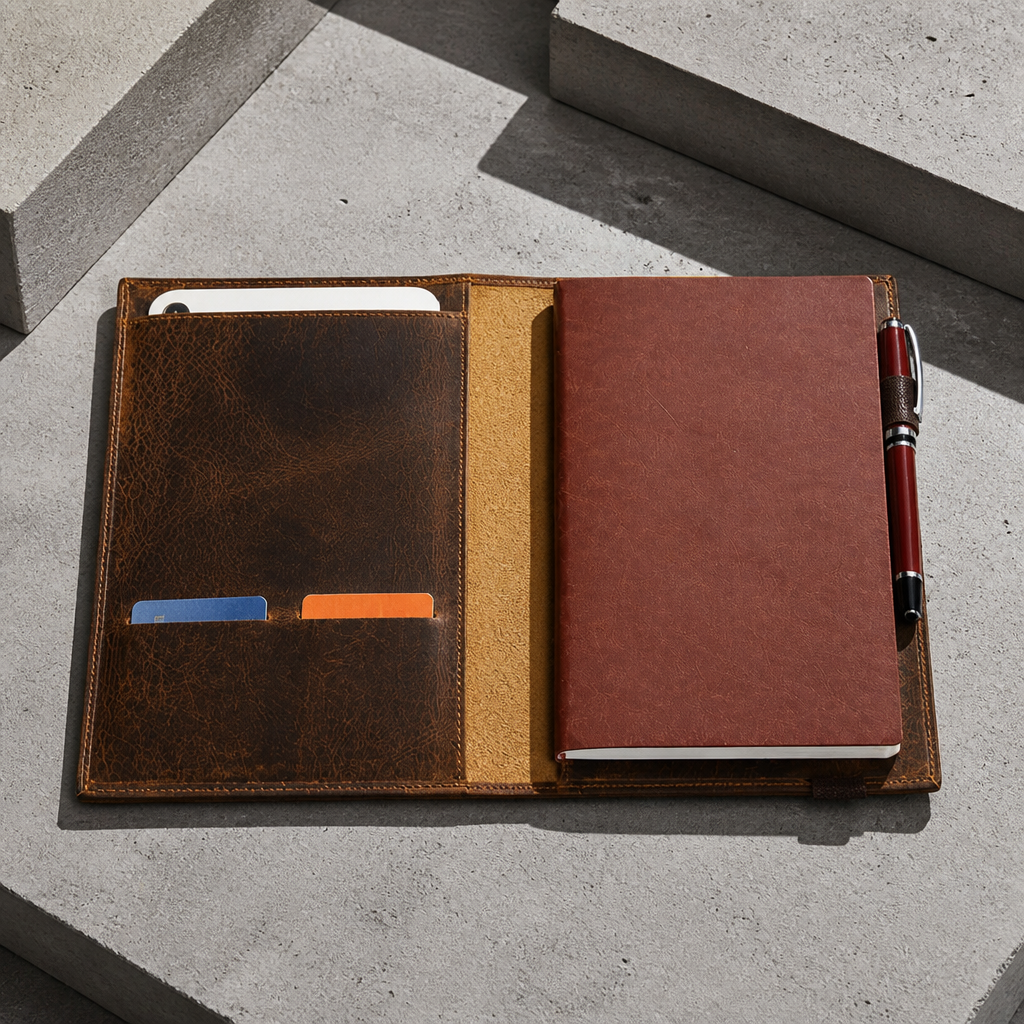 Intérieur du porte-document cuir A5 ouvert à plat : carnet, passant à stylo, poche tablette, deux emplacements cartes