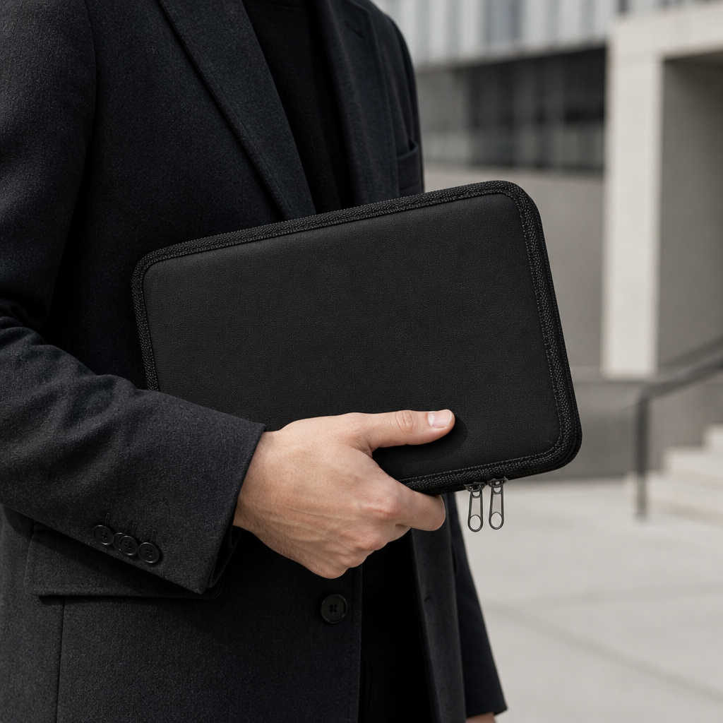 Homme tenant le porte-document organisateur accordéon compact en ville