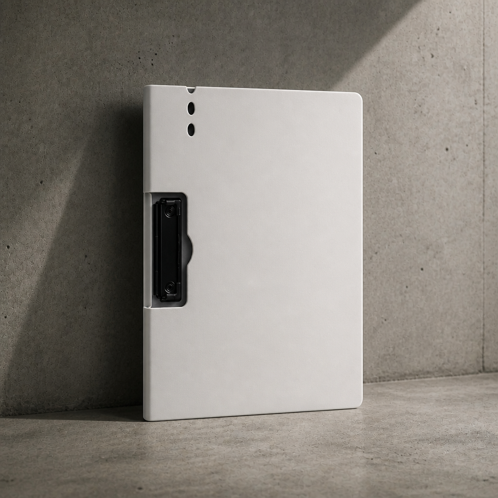 Porte-document à pince A4 blanc avec couverture rabattable, fermé, posé sur béton