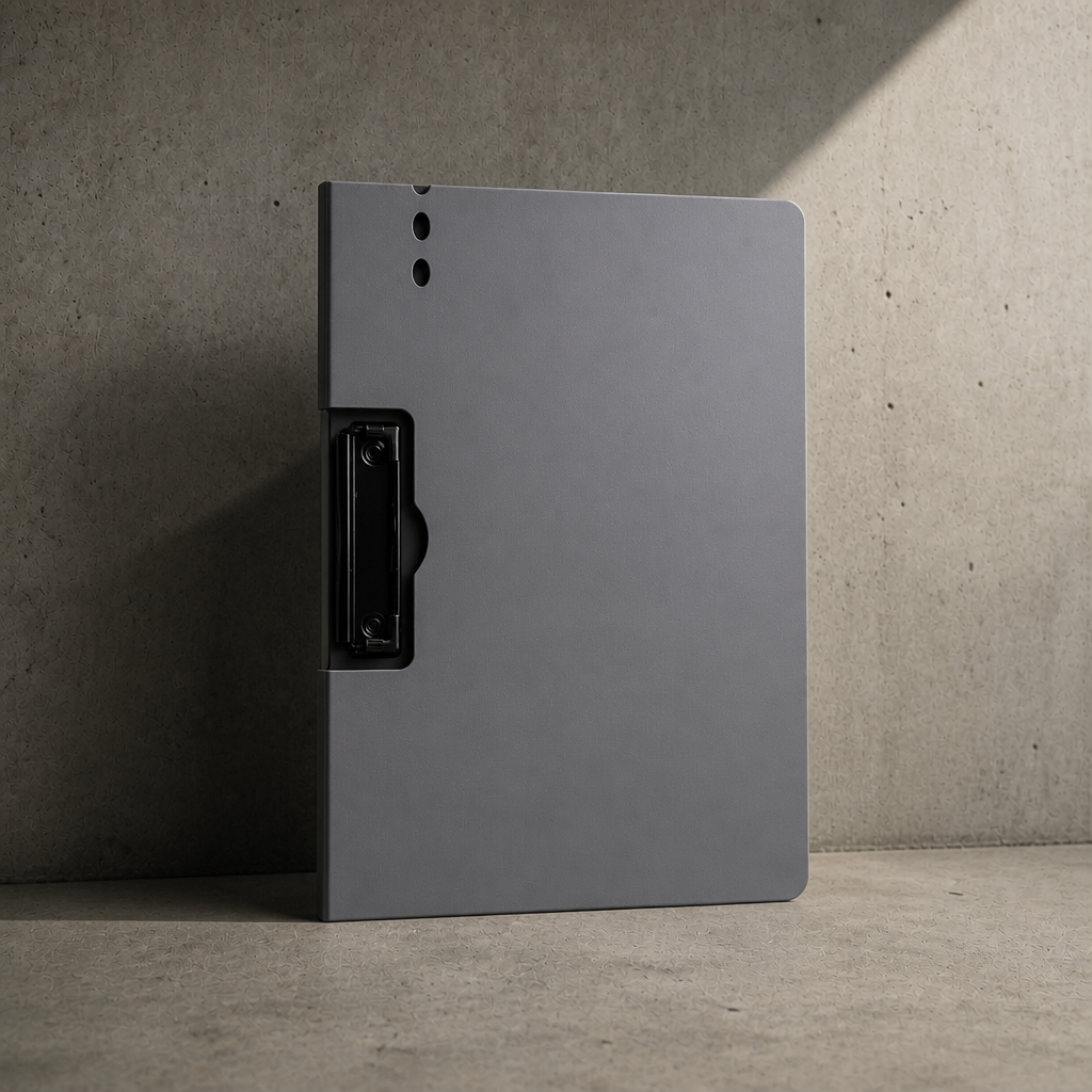 Porte-document à pince A4 gris avec couverture rabattable, fermé, posé sur béton