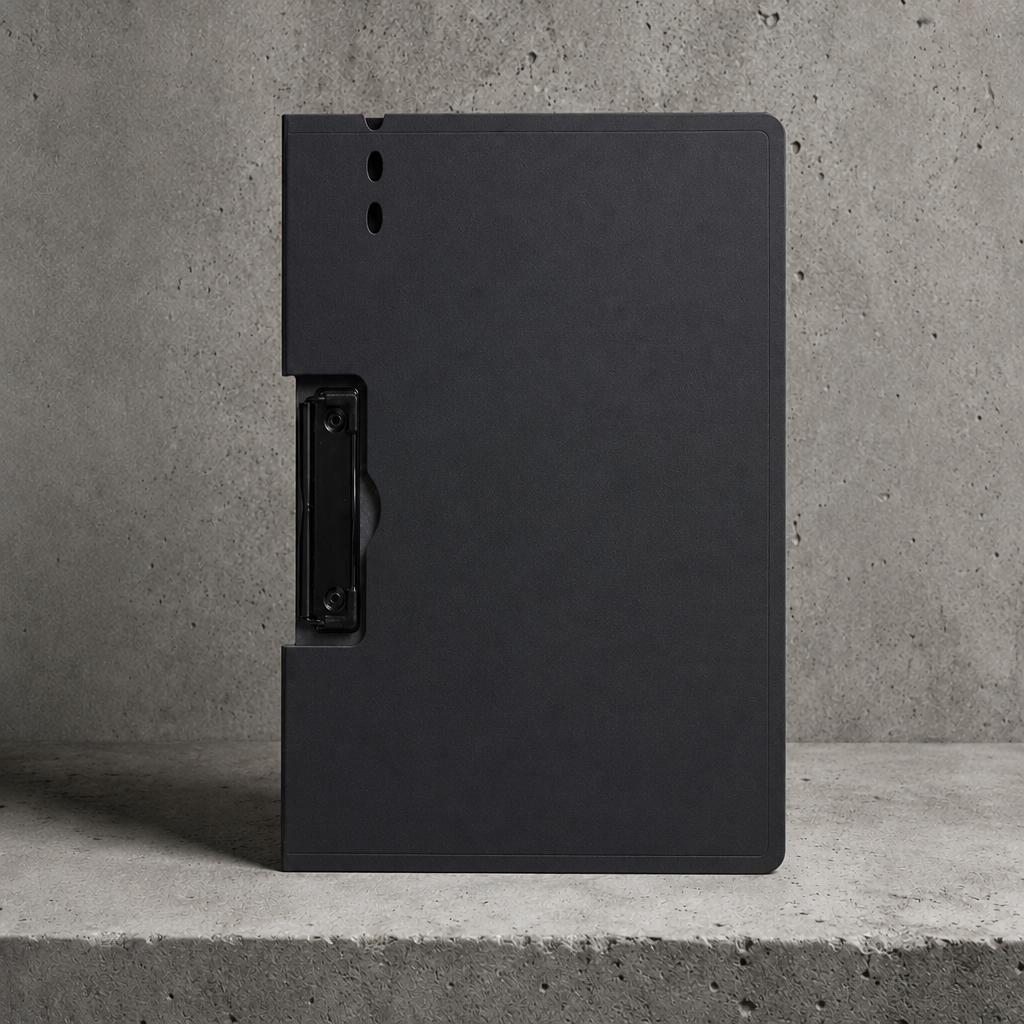 Porte-document à pince A4 noir avec couverture rabattable, fermé, posé sur béton