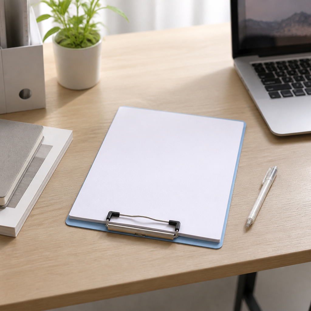 Porte-document rigide A4 bleu posé sur un bureau avec des feuilles et un stylo