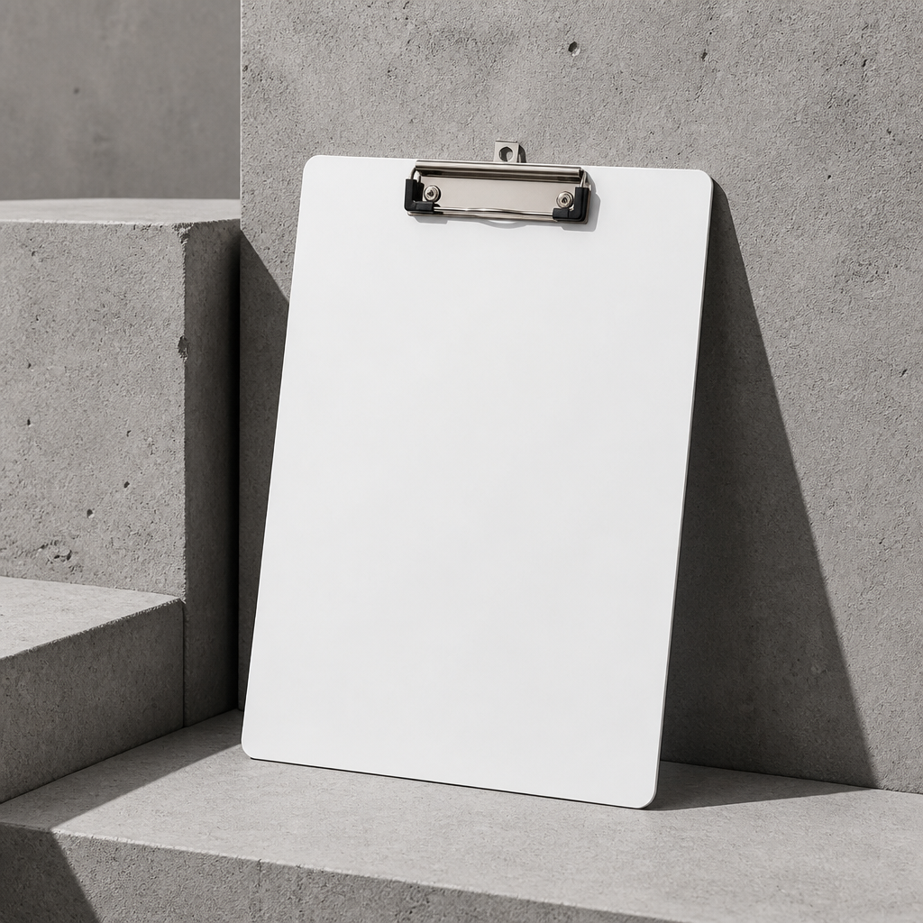 Porte-document rigide A4 blanc, porte-bloc fin à pince, sur fond béton