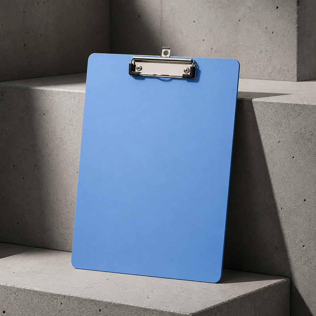 Porte-document rigide A4 bleu, porte-bloc à pince, sur fond béton