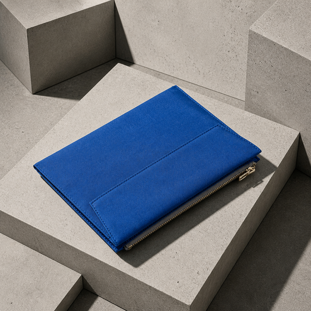 Porte-document en tissu bleu, toile de coton souple, poche latérale à glissière