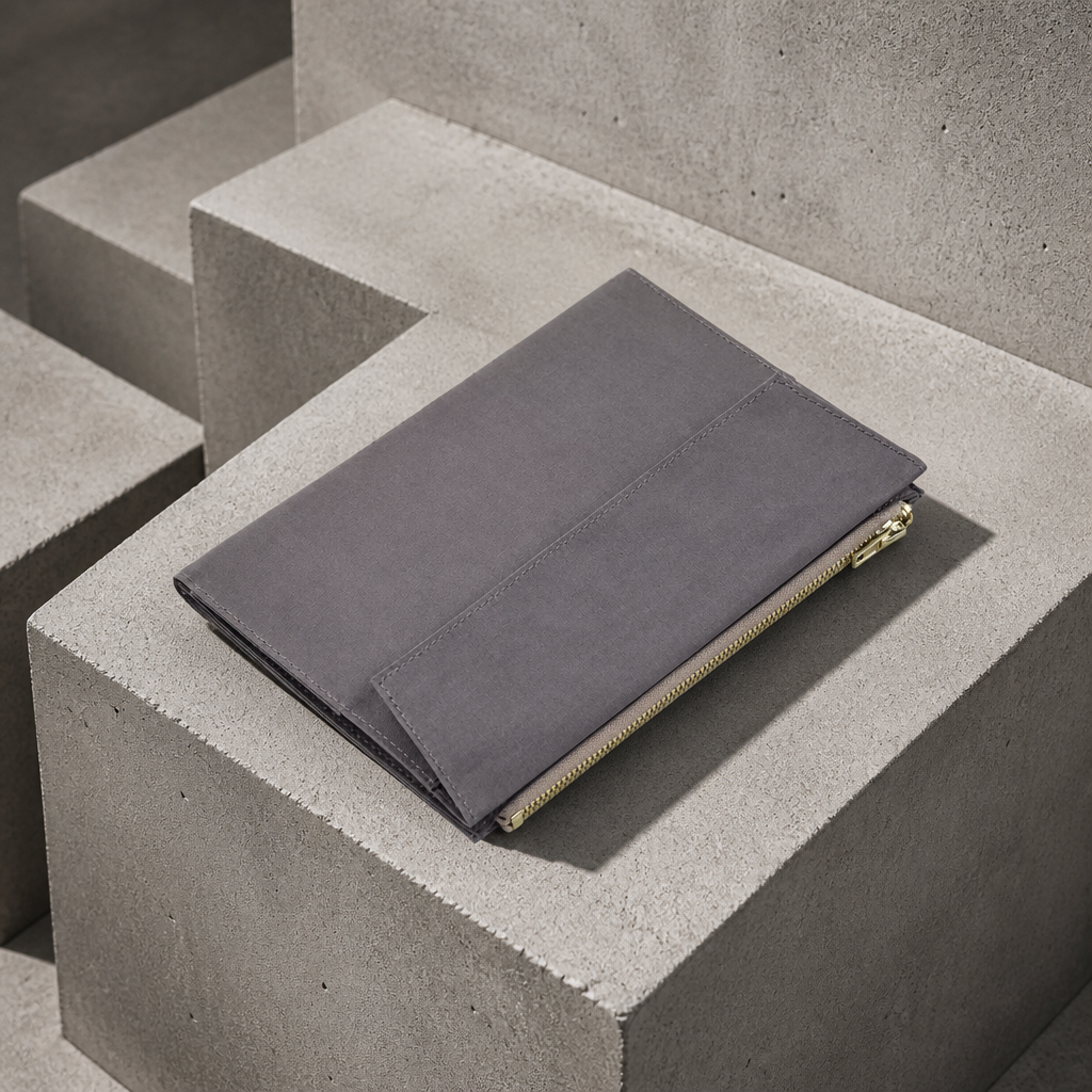 Porte-document en tissu gris en toile de coton, rabat enveloppe et glissière métal
