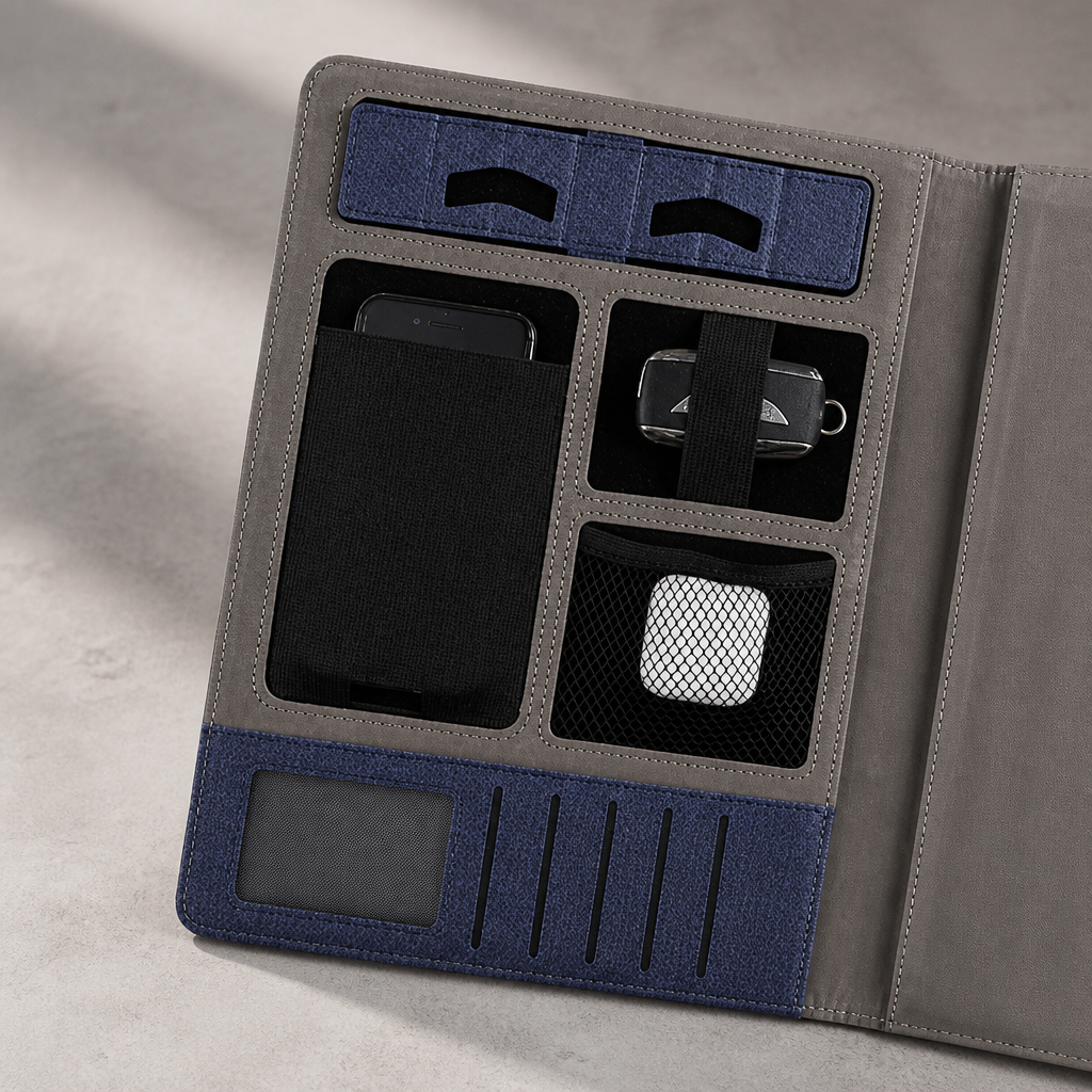 Gros plan de l'organiseur : support téléphone, porte-cartes et poche filet