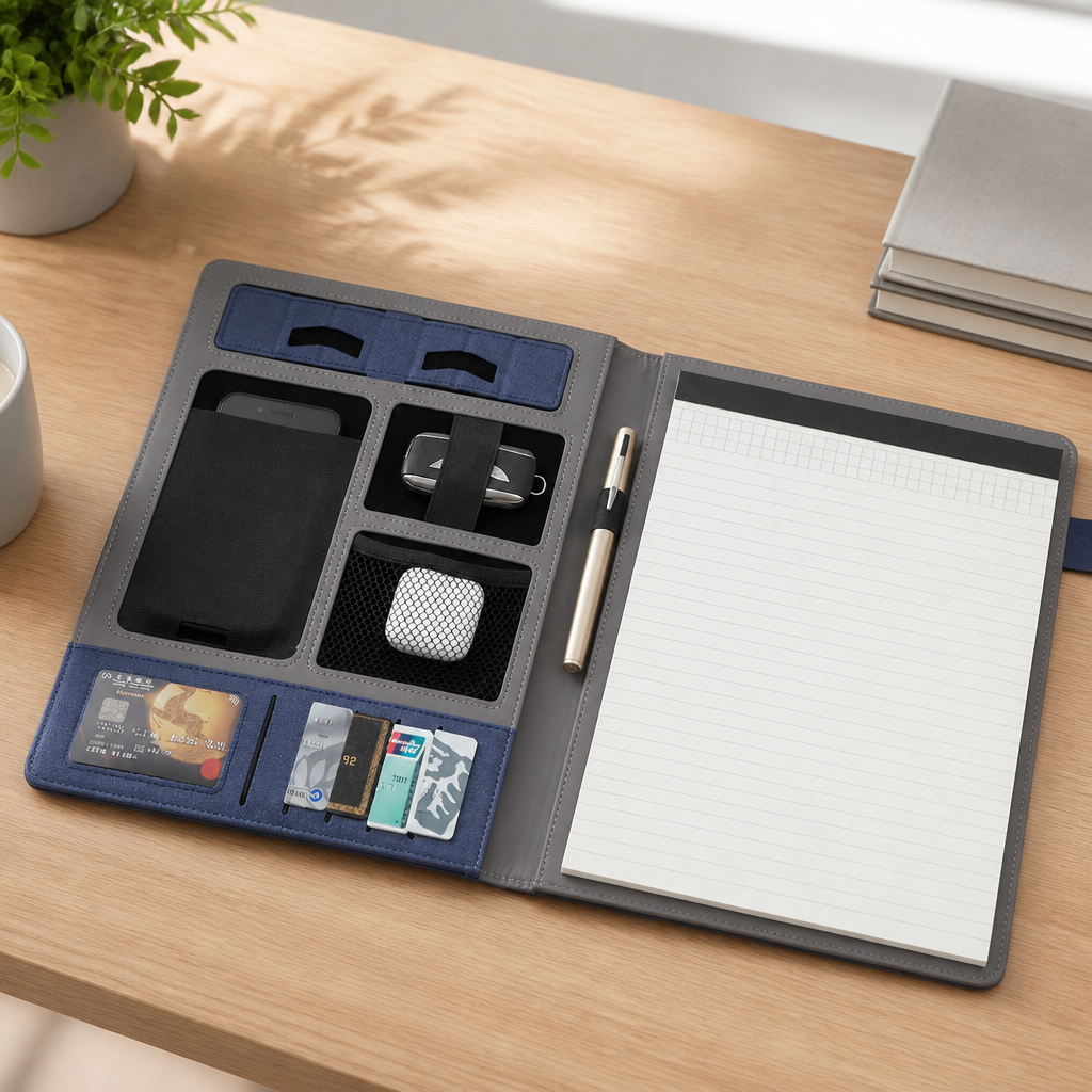 Porte-document en toile ouvert sur un bureau, organiseur visible