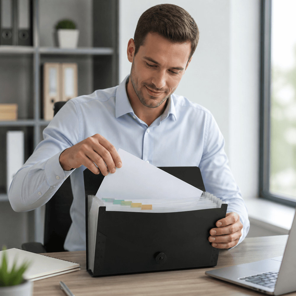 Homme utilisant un porte-document trieur à soufflets pour classer ses papiers