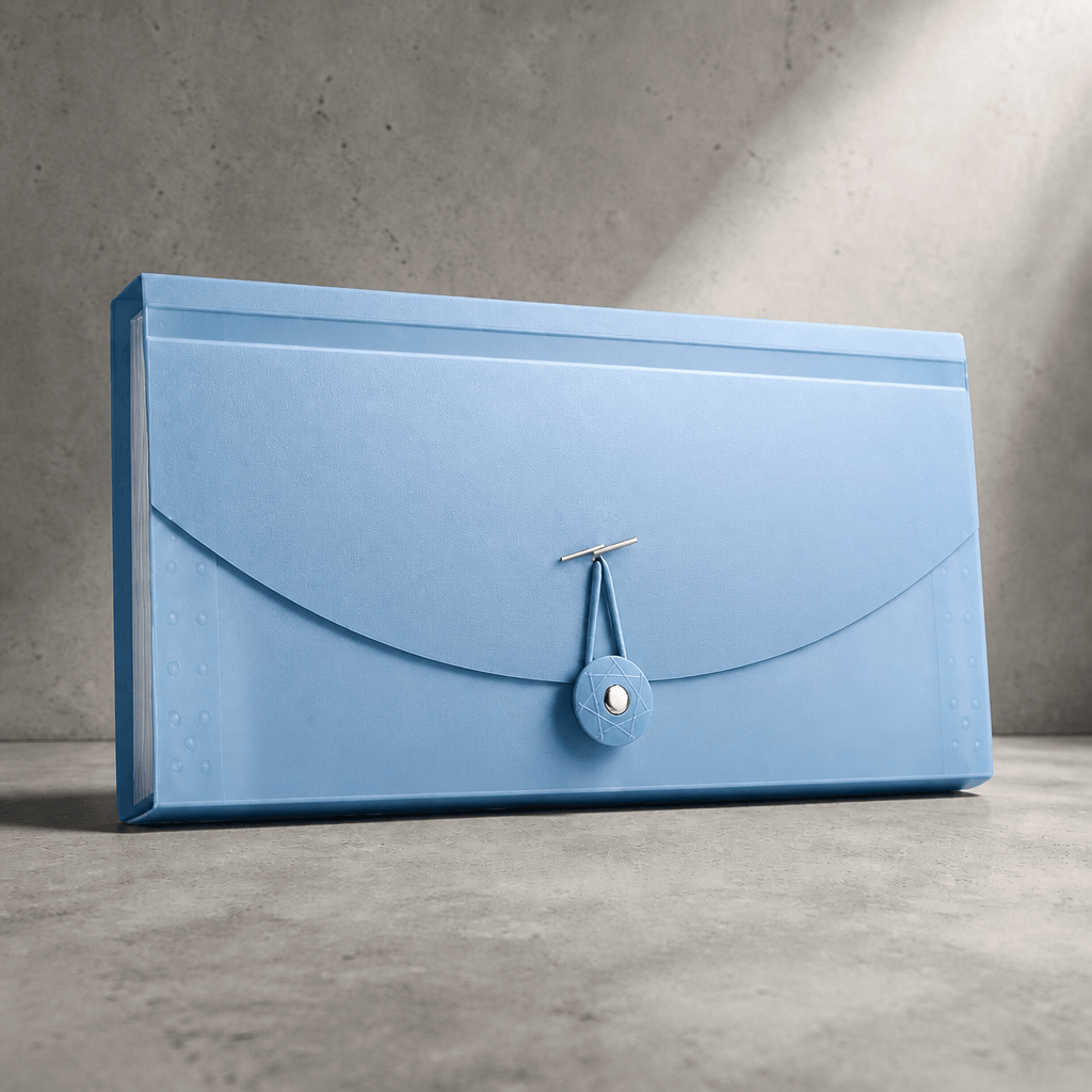 Porte-document trieur à soufflets bleu en plastique, fermé