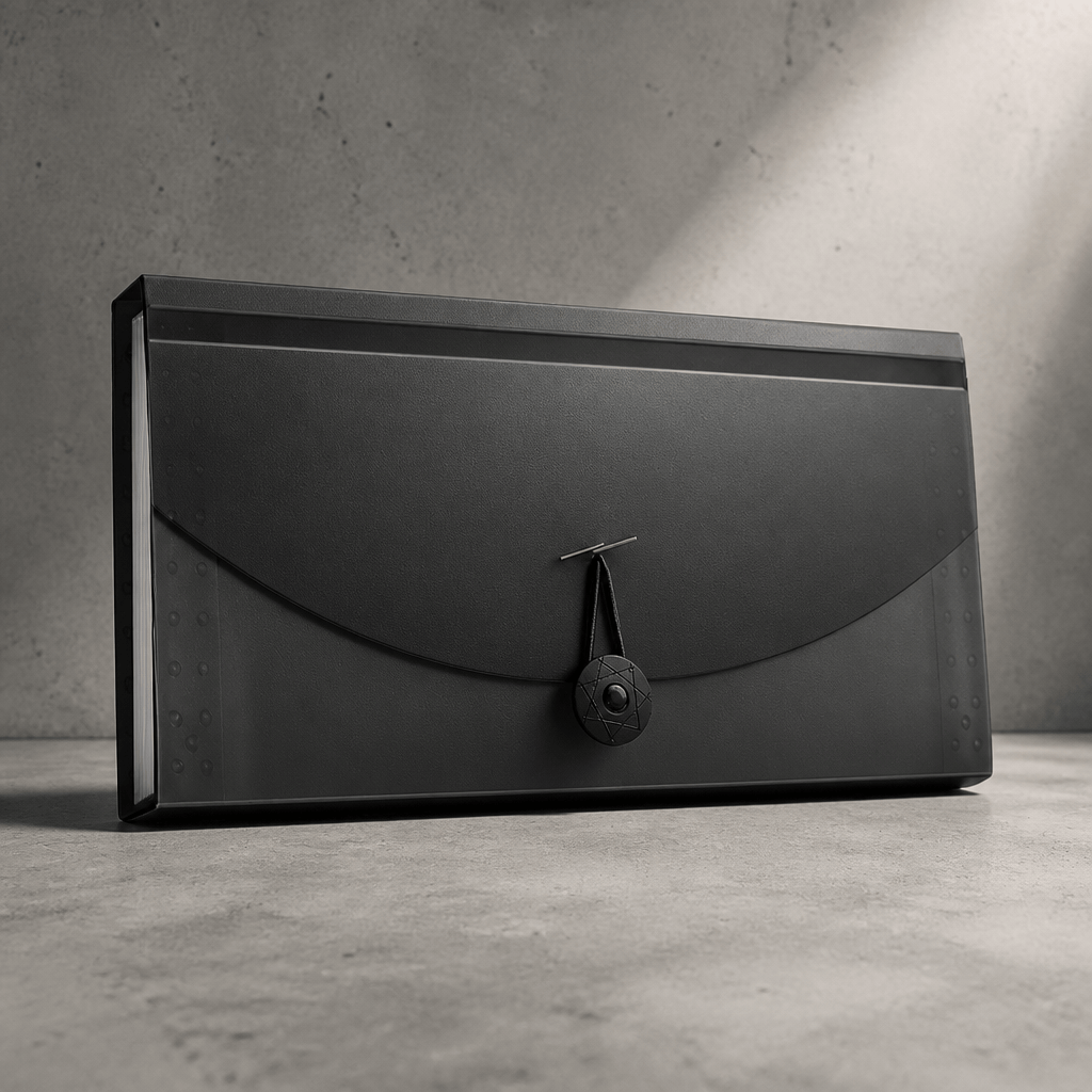 Porte-document trieur à soufflets noir en plastique, fermé