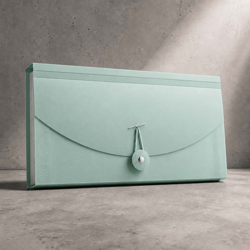 Porte-document trieur à soufflets vert en plastique, fermé