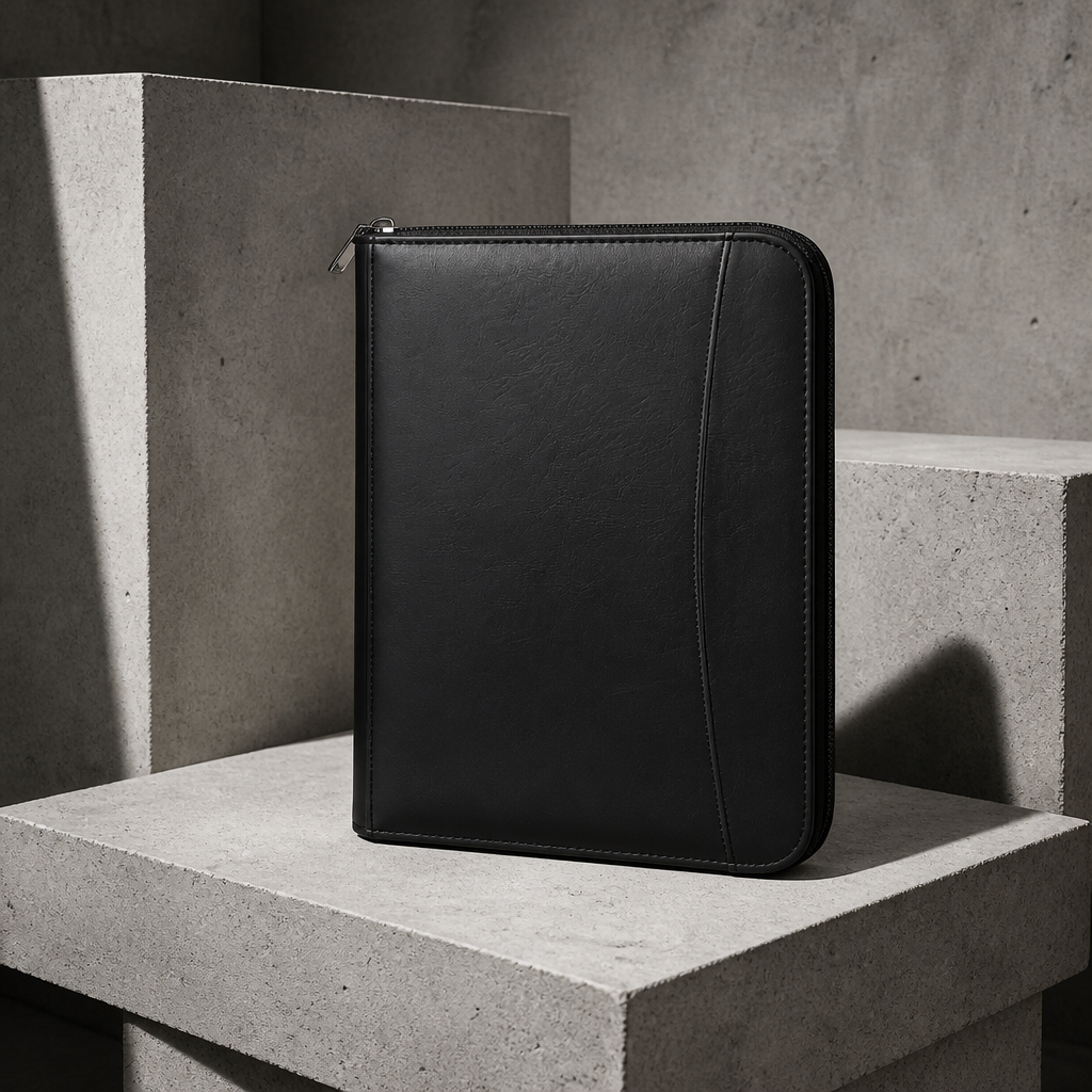 Porte-document zippé A4 noir en simili cuir, fermé, vue de face