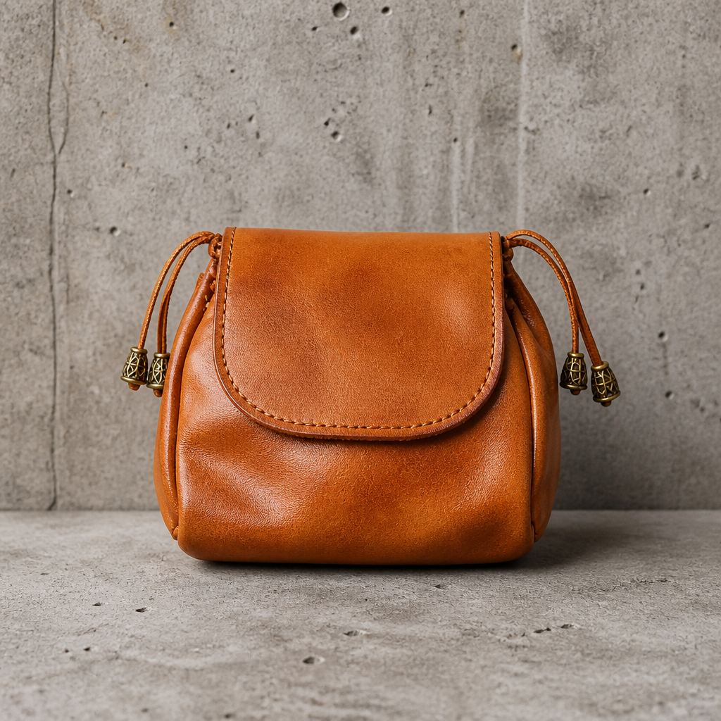 Porte-monnaie bourse en cuir camel à cordon coulissant pour homme