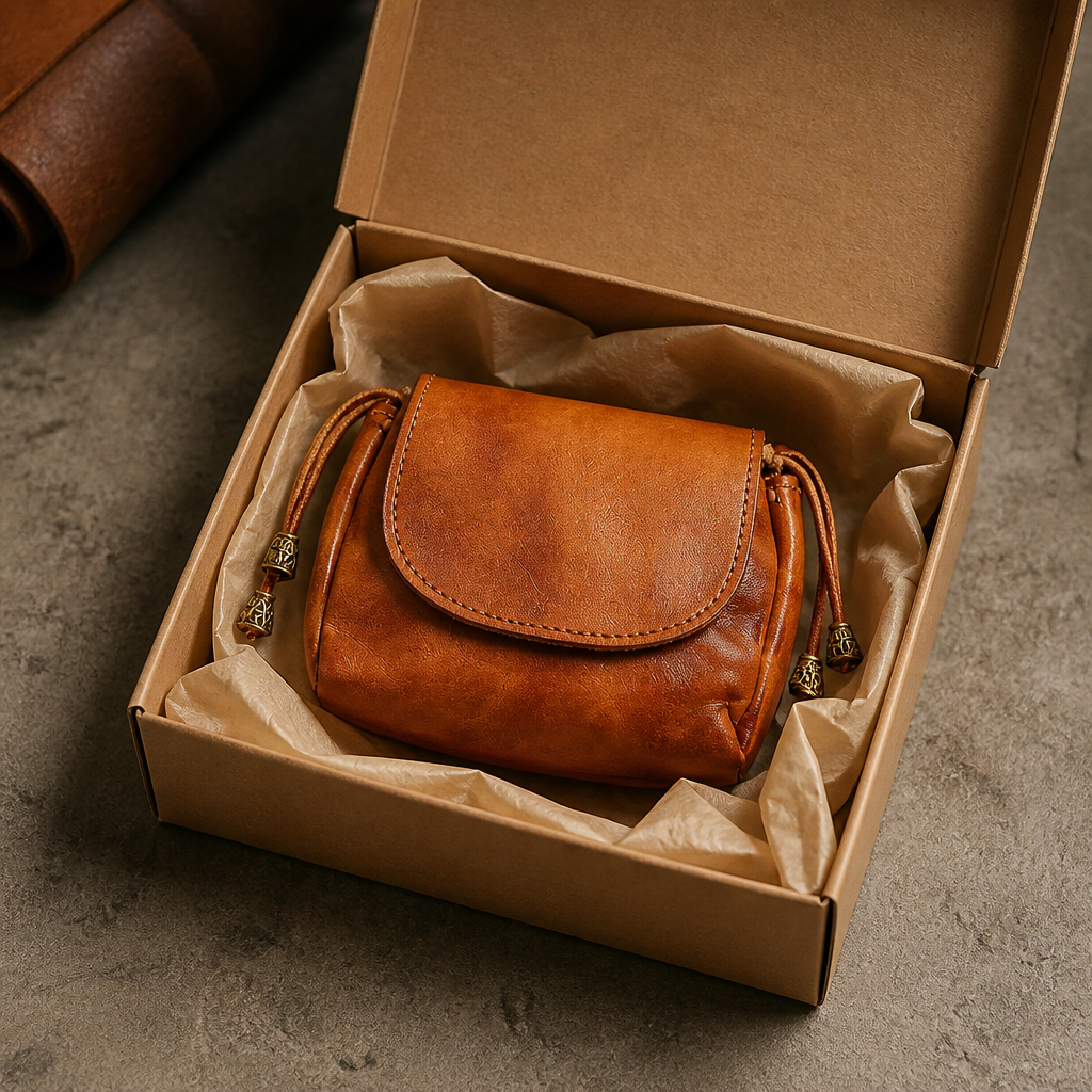 Bourse en cuir camel présentée en coffret cadeau pour homme