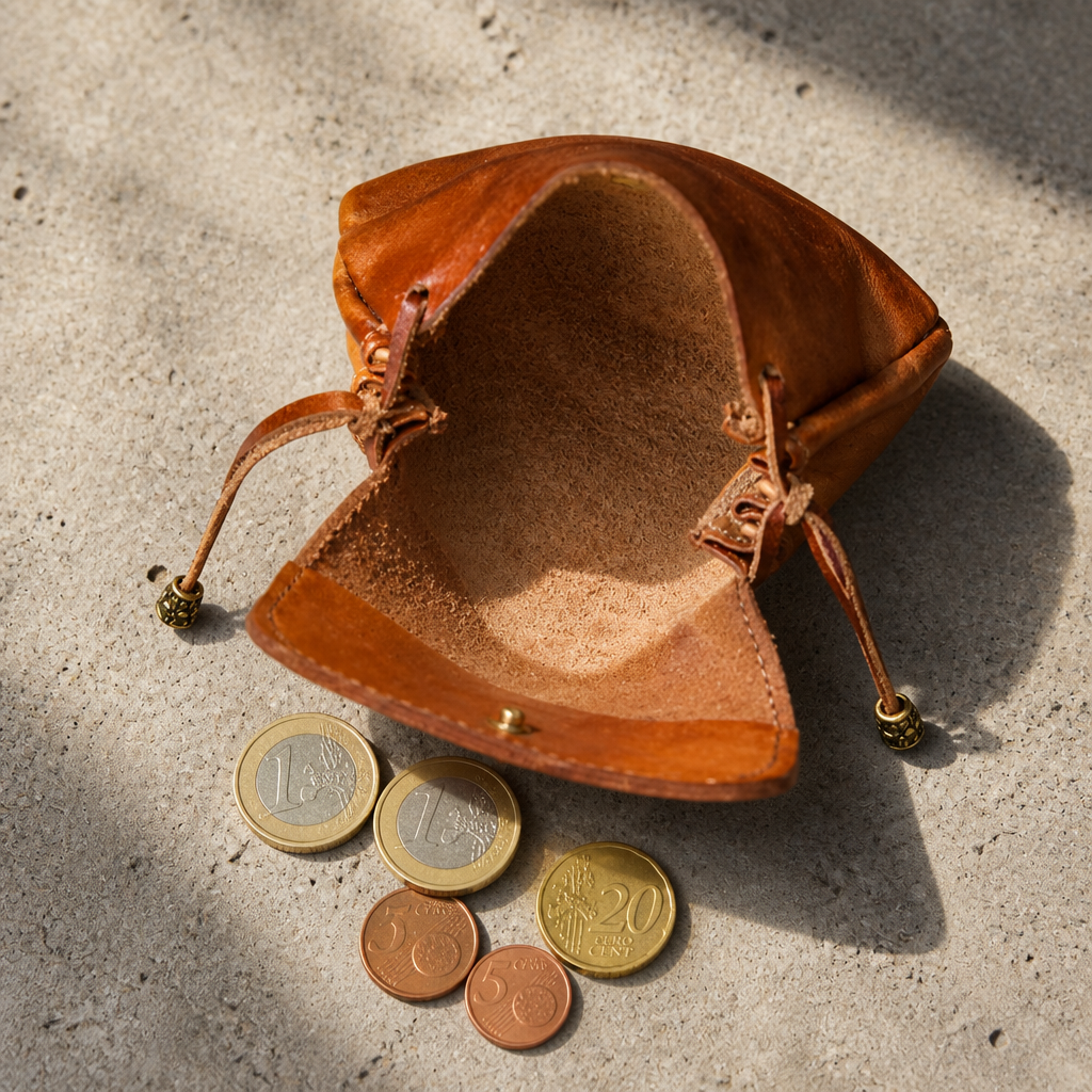 Intérieur suédé de la bourse en cuir avec pièces de monnaie