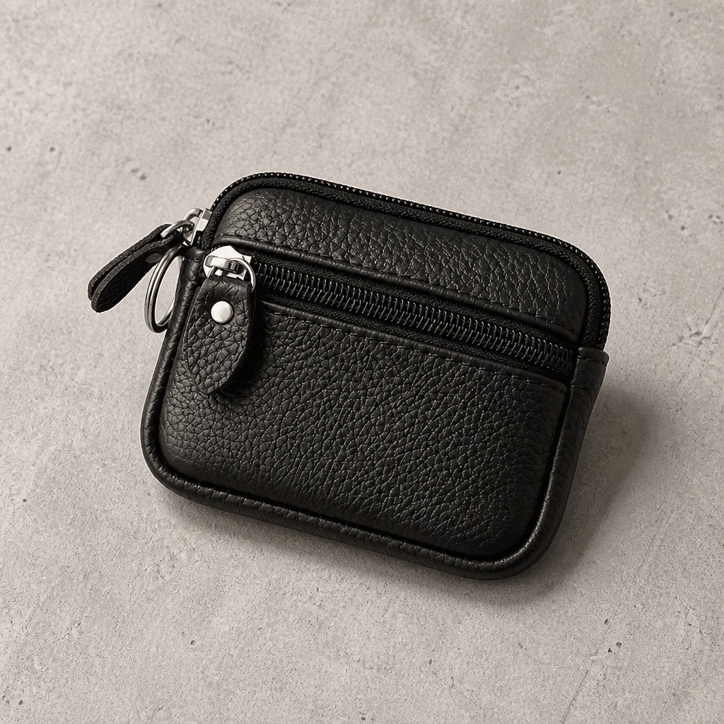 Porte-monnaie compact homme en cuir noir zippé, vue de face